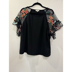 Umgee Dress Women Small Black Midi Floral Embroidered Sheer Ruffled Sleeve